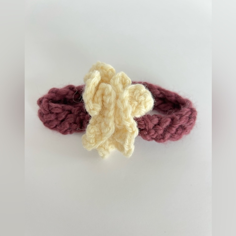 New! Crochet Baby Headband Purple with Cream Bow
